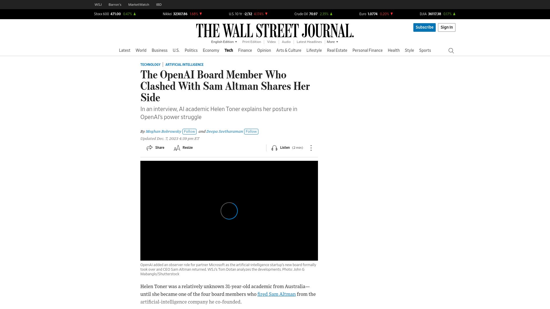 Screenshot of wsj.com: Helen Toner shares her side