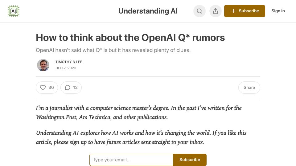 Screenshot of understandingai.org: How to think about the OpenAI Q* rumors