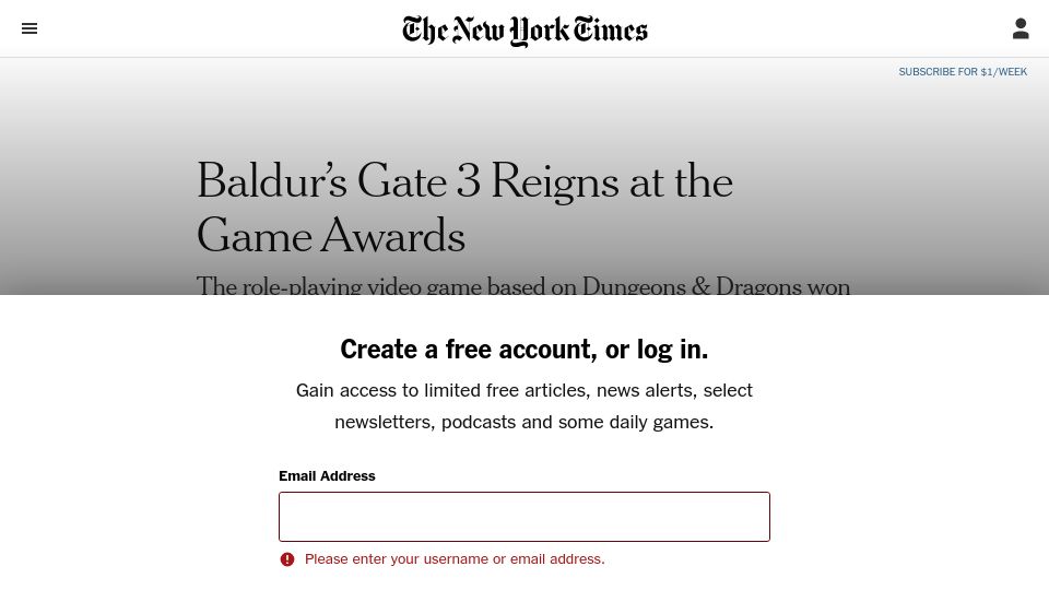 Screenshot of nytimes.com: Baldur's Gate 3 Wins Game of the Year at the Game Awards
