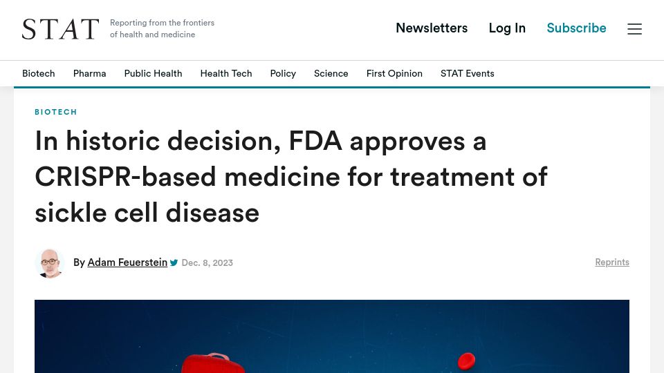Screenshot of statnews.com: FDA approves a CRISPR-based medicine for treatment of sickle cell disease
