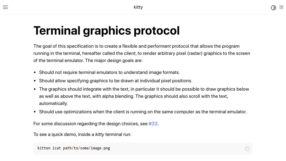 Screenshot of sw.kovidgoyal.net: Terminal graphics protocol