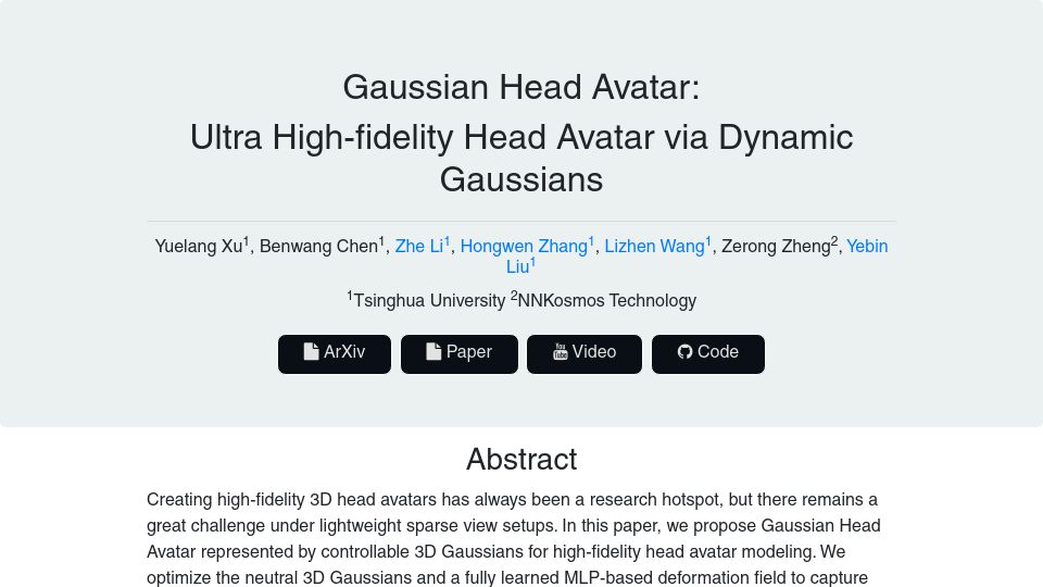 Screenshot of yuelangx.github.io: Gaussian Head Avatar: Ultra High-Fidelity Head Avatar via Dynamic Gaussians