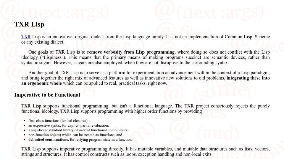 Screenshot of nongnu.org: TXR Lisp