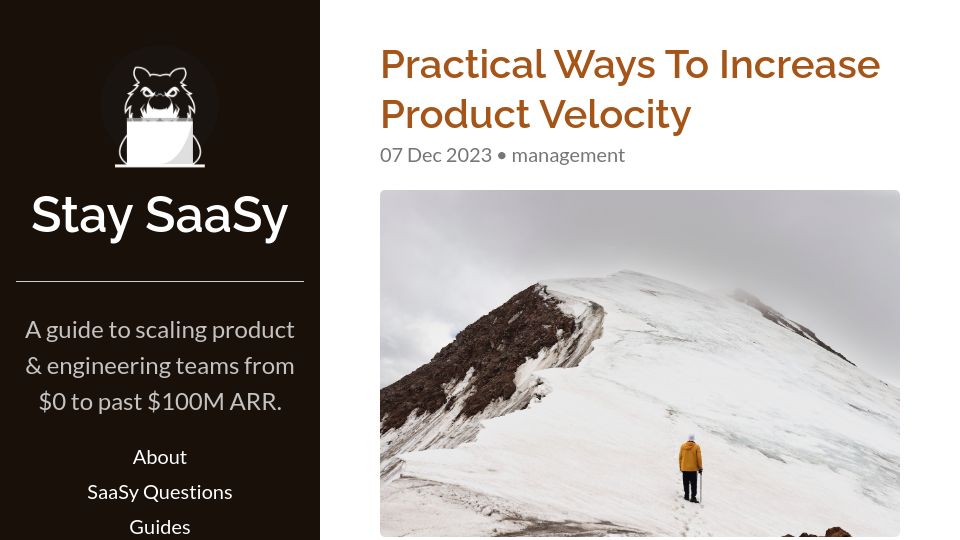 Screenshot of staysaasy.com: Practical ways to increase product velocity