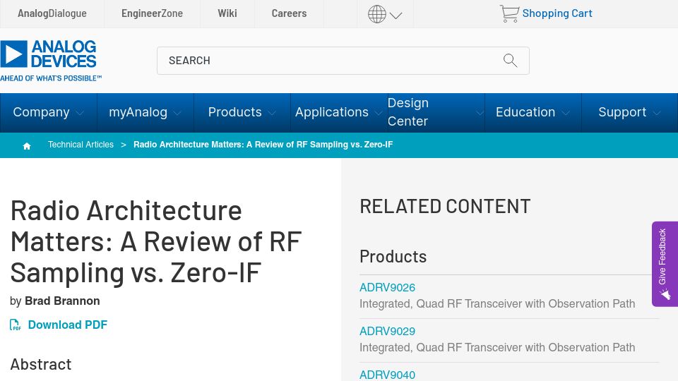 Screenshot of analog.com: Radio Architecture Matters: A Review of RF Sampling vs. Zero-IF