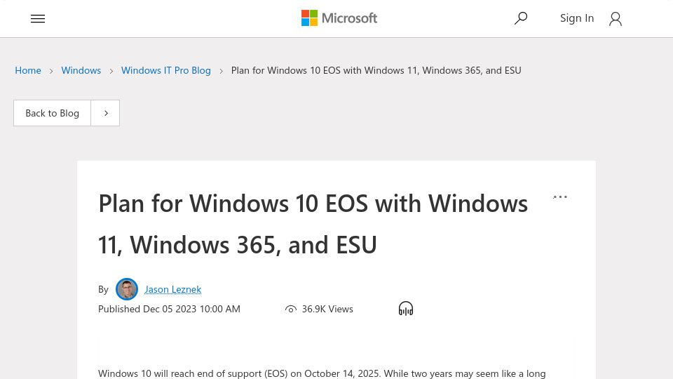 Screenshot of techcommunity.microsoft.com: Plan for Windows 10 End of Support
