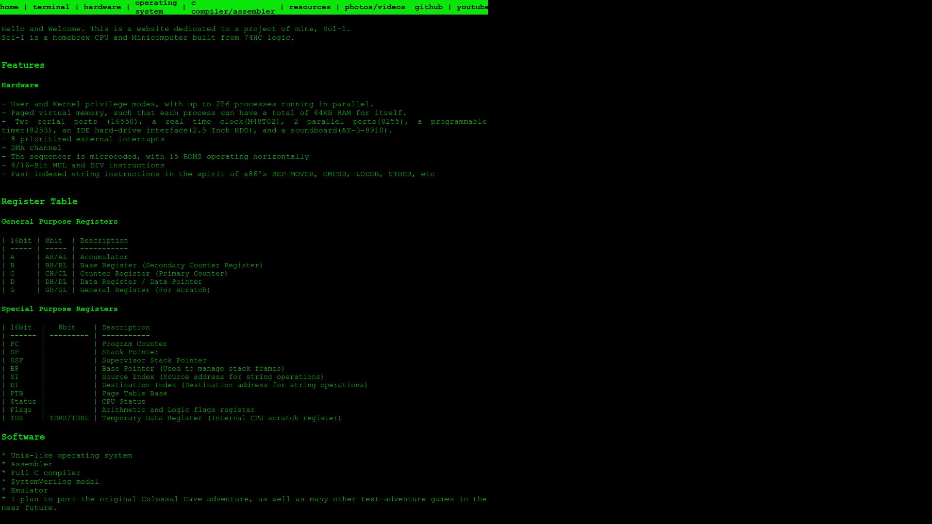 Screenshot of sol-1.org: Show HN: Homebrew 16bit CPU from 74HC logic with C compiler and Unix-like OS