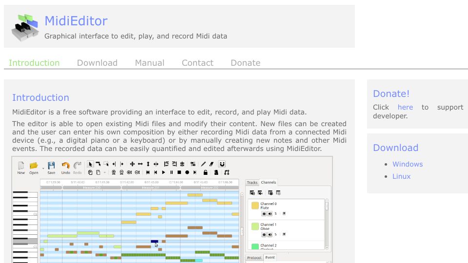 Screenshot of midieditor.org: MIDI Editor