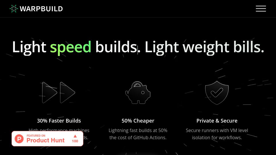 Screenshot of warpbuild.com: Show HN: WarpBuild – x86-64 and arm GitHub Action runners for 30% faster builds