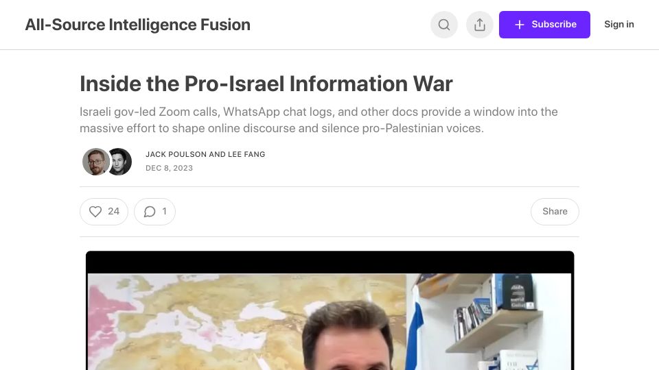 Screenshot of jackpoulson.substack.com: The pro-Israel information war