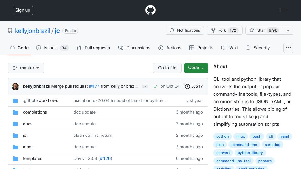 Screenshot of github.com: JC converts the output of popular command-line tools to JSON