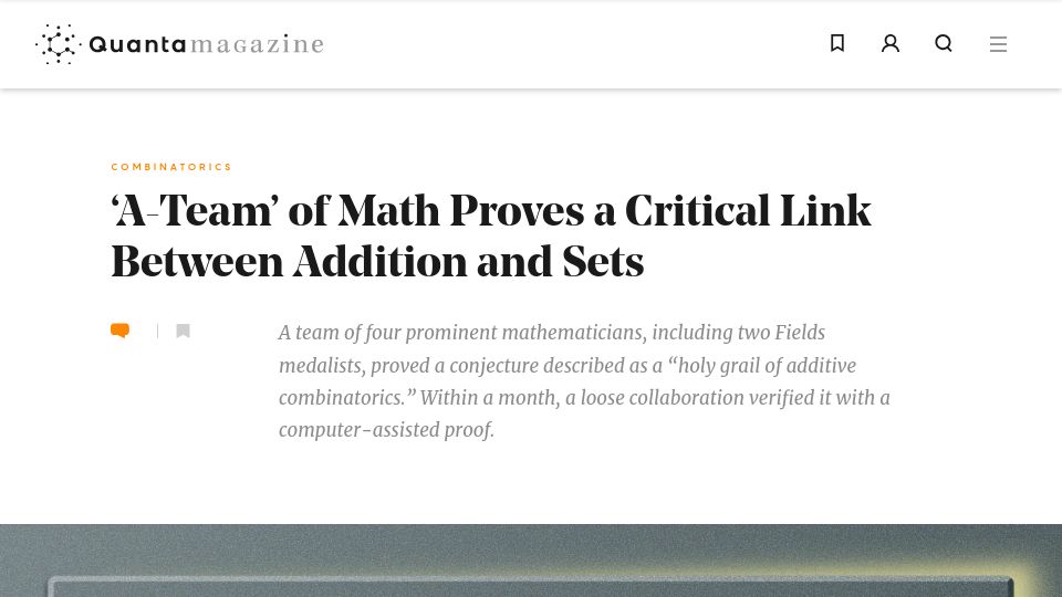 Screenshot of quantamagazine.org: 'A-team' of math proves a critical link between addition and sets