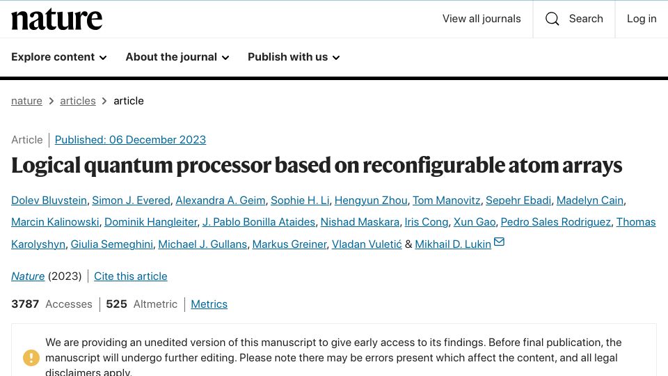 Screenshot of nature.com: Logical quantum processor based on reconfigurable atom arrays