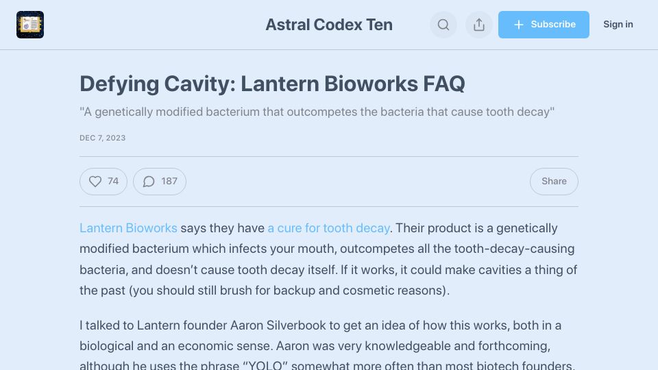Screenshot of astralcodexten.com: A genetically modified bacterium that outcompetes bacteria causing tooth decay