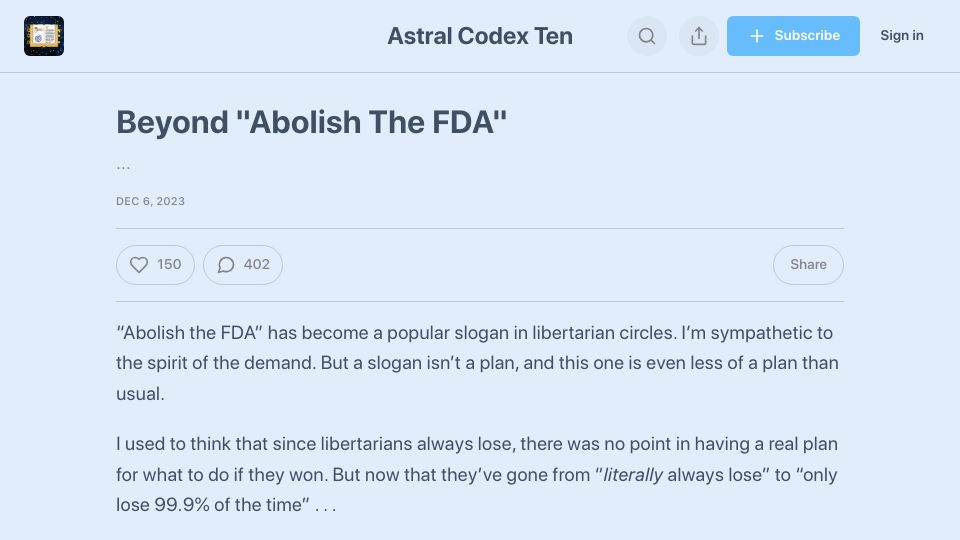 Screenshot of astralcodexten.com: Beyond "Abolish the FDA"