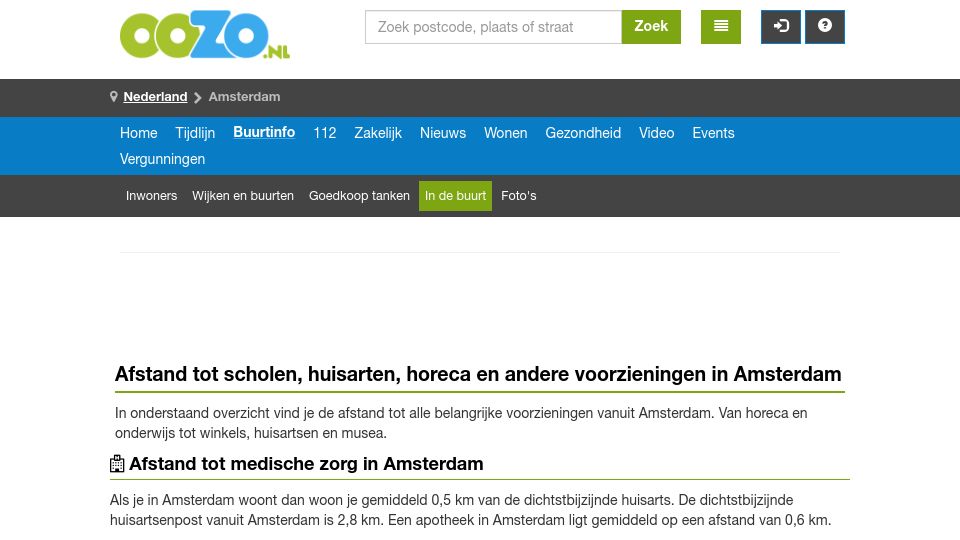 Screenshot of oozo.nl: Average distance to a supermarket in Amsterdam is 400 meter or 1300 feet