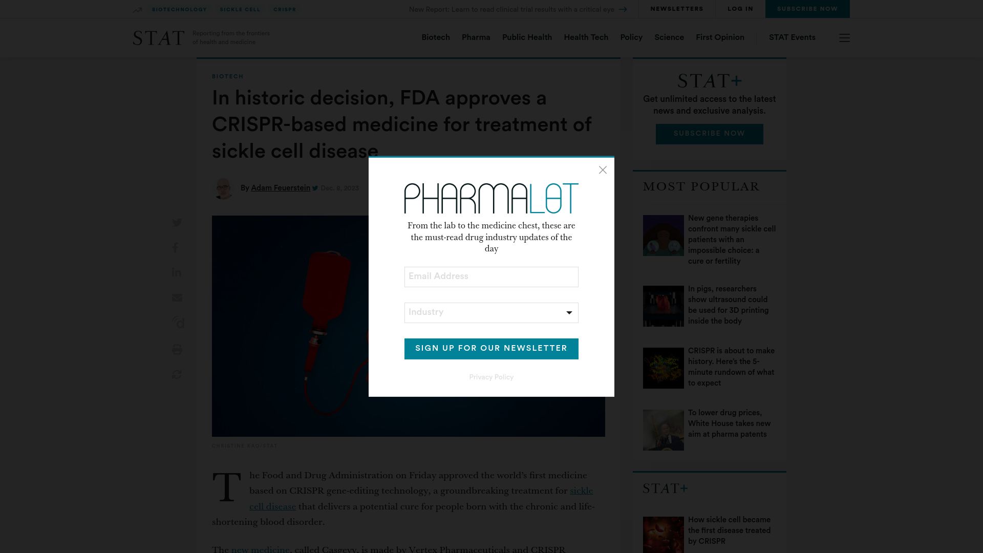Screenshot of statnews.com: FDA approves a CRISPR-based medicine for treatment of sickle cell disease