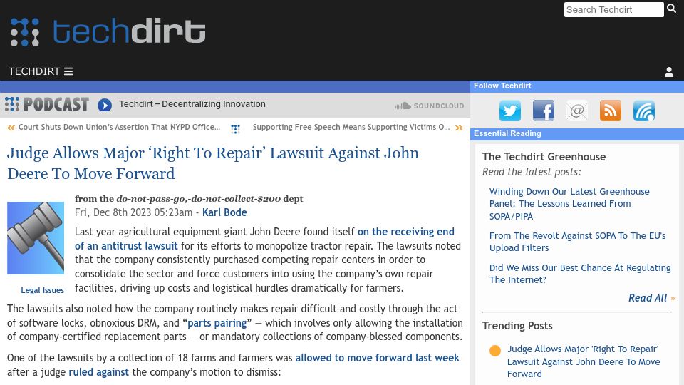 Screenshot of techdirt.com: Judge allows major 'right to repair' lawsuit against John Deere to move forward