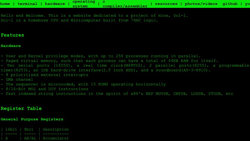 Screenshot of sol-1.org: Show HN: Homebrew 16bit CPU from 74HC logic with C compiler and Unix-like OS