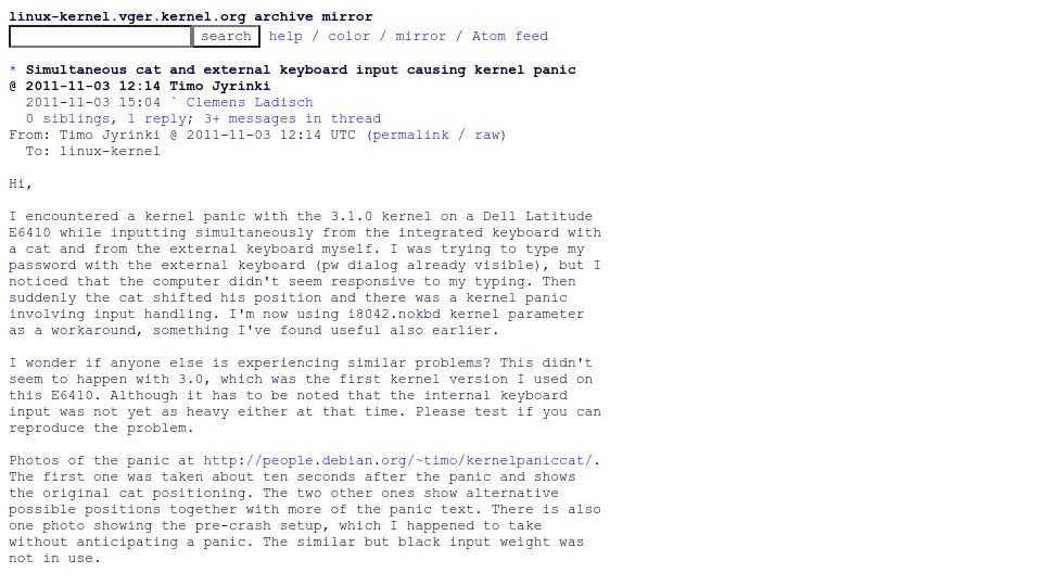 Screenshot of lore.kernel.org: Simultaneous cat and external keyboard input causing kernel panic (2011)