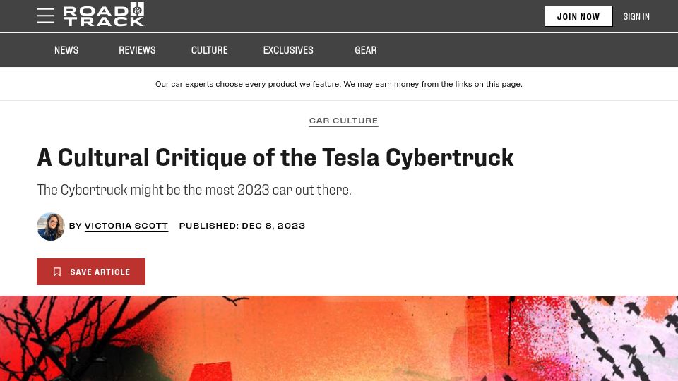 Screenshot of roadandtrack.com: A Cultural Critique of the Tesla Cybertruck