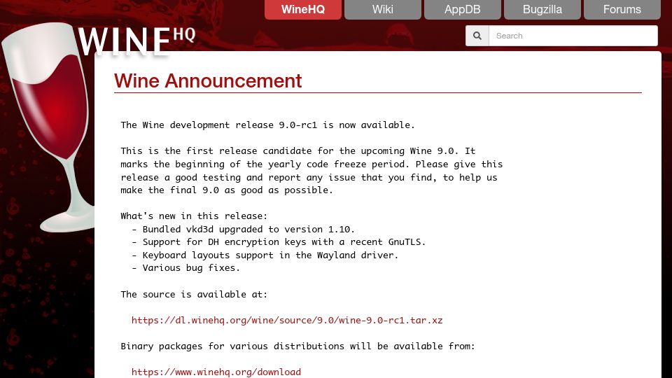 Screenshot of winehq.org: Wine 9.0 RC1 – Run Windows Applications on Linux, BSD, Solaris and macOS