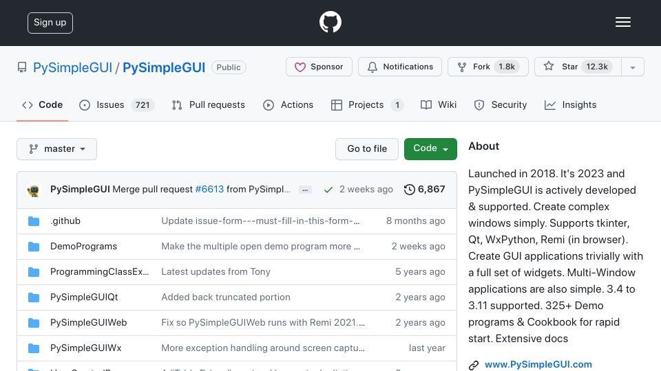 Screenshot of github.com: PysimpleGUI