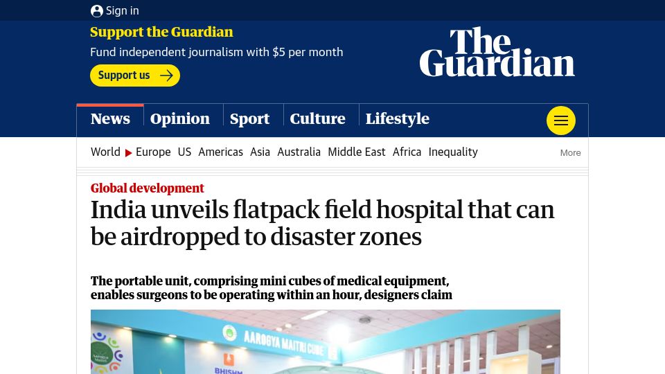 Screenshot of theguardian.com: Flatpack field hospitals that can be airdropped to disaster zones