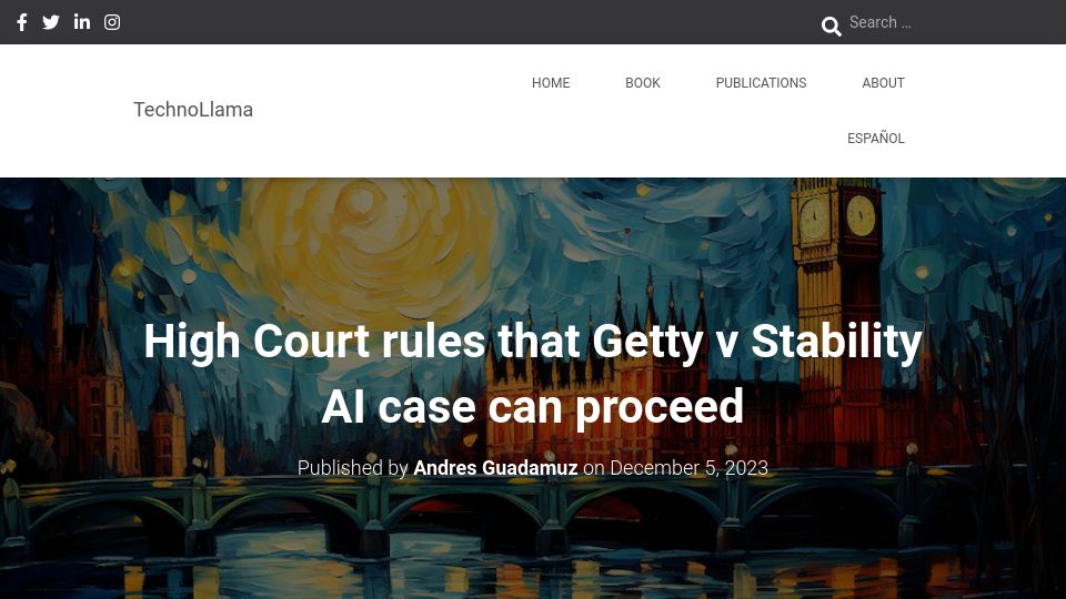 Screenshot of technollama.co.uk: High Court rules that Getty vs. Stability AI case can proceed