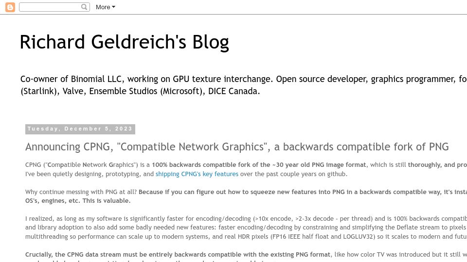 Screenshot of richg42.blogspot.com: CPNG, a backwards compatible fork of PNG