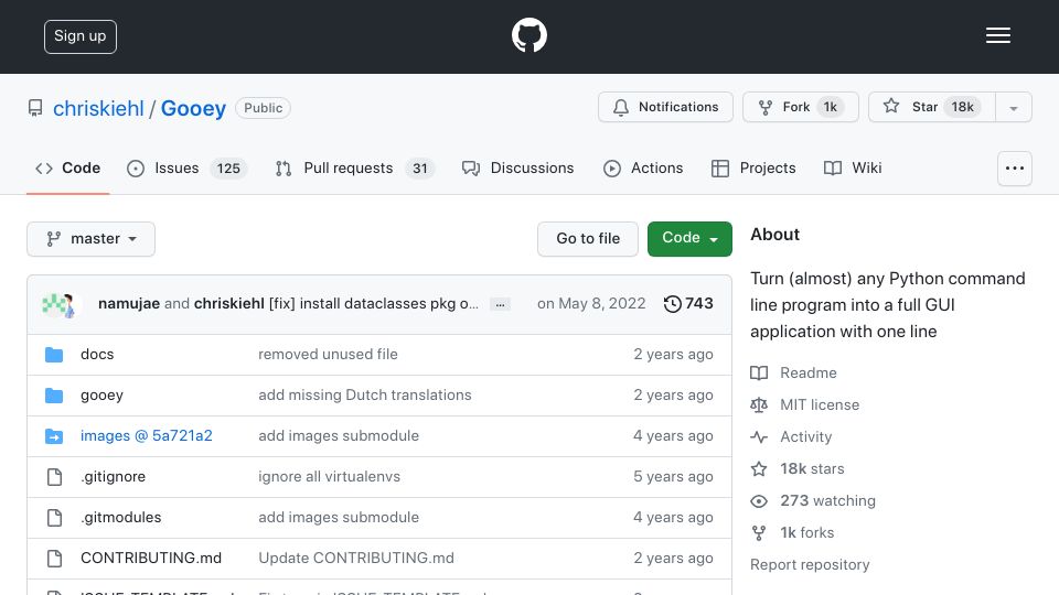 Screenshot of github.com: Gooey: Turn almost any Python command line program into a full GUI application