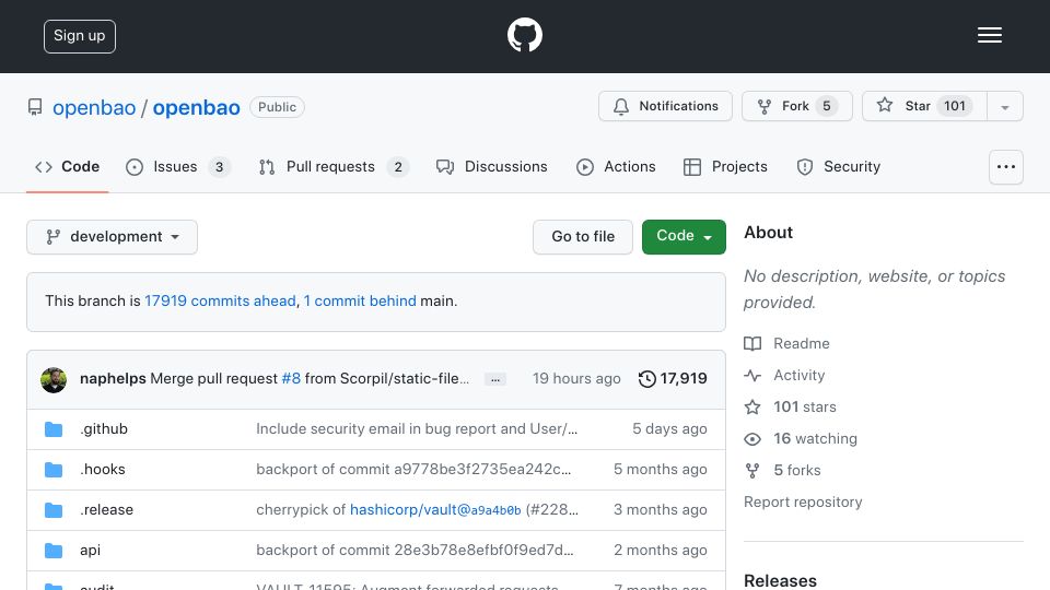 Screenshot of github.com: OpenBao – FOSS Fork of HashiCorp Vault
