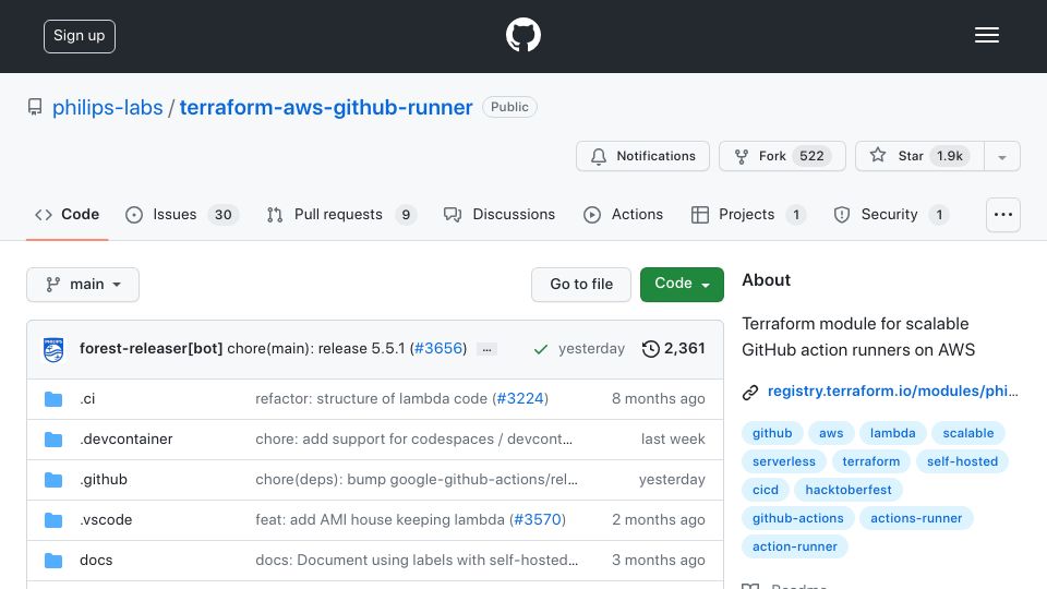 Screenshot of github.com: Terraform module for scalable GitHub action runners on AWS