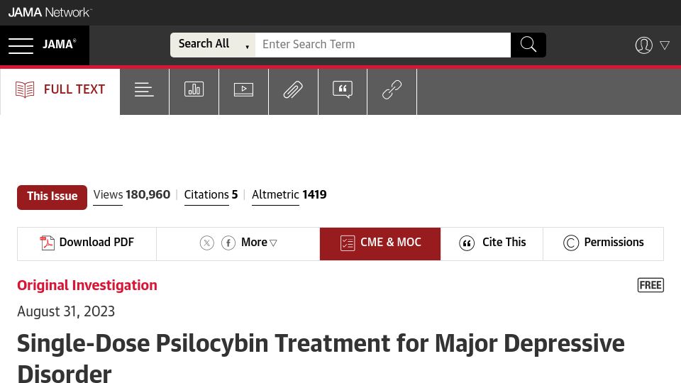Screenshot of jamanetwork.com: Single-Dose Psilocybin for Major Depressive Disorder: Randomized Clinical Trial