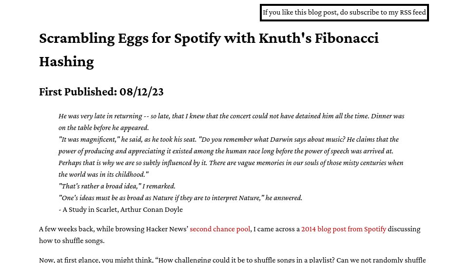 Screenshot of pncnmnp.github.io: Scrambling eggs for Spotify with Knuth's Fibonacci hashing