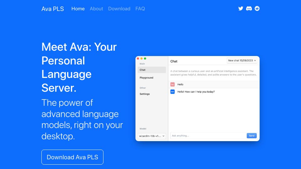 Screenshot of avapls.com: Ava PLS: open-source application for running language models locally