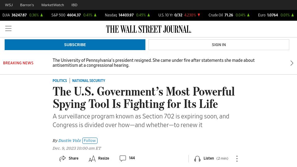 Screenshot of wsj.com: The U.S. Government's Most Powerful Spying Tool Is Fighting for Its Life
