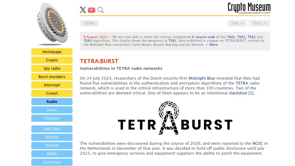 Screenshot of cryptomuseum.com: Vulnerabilities in TETRA radio networks