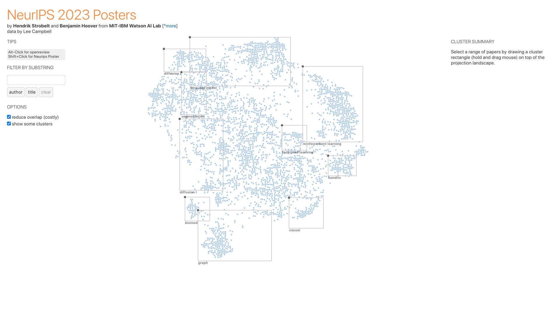 Screenshot of neurips2023.vizhub.ai: NeurIPS 2023 Posters Cluster Visualization