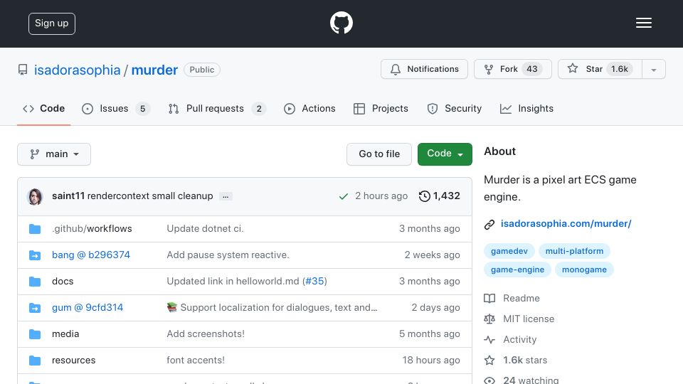 Screenshot of github.com: Murder is a pixel art ECS game engine in C#
