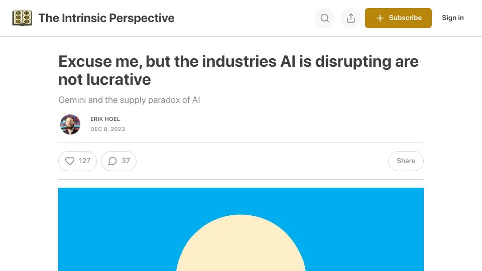 Screenshot of theintrinsicperspective.com: The industries AI is disrupting are not lucrative
