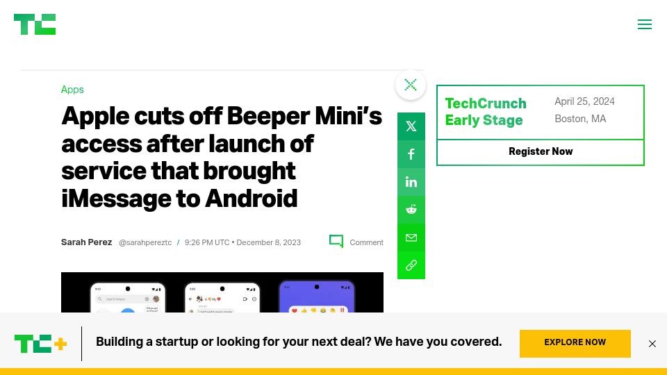 Screenshot of techcrunch.com: Apple cuts off Beeper Mini's access