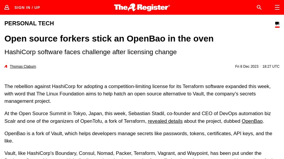 Screenshot of theregister.com: HashiCorp Vault Forked into OpenBao
