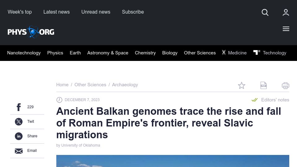 Screenshot of phys.org: Balkan genomes trace the rise/fall of Roman Empire's frontier, migrations