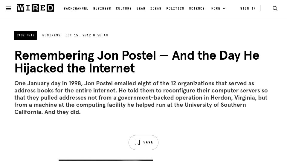 Screenshot of wired.com: Remembering Jon Postel and the day he hijacked the internet (2012)