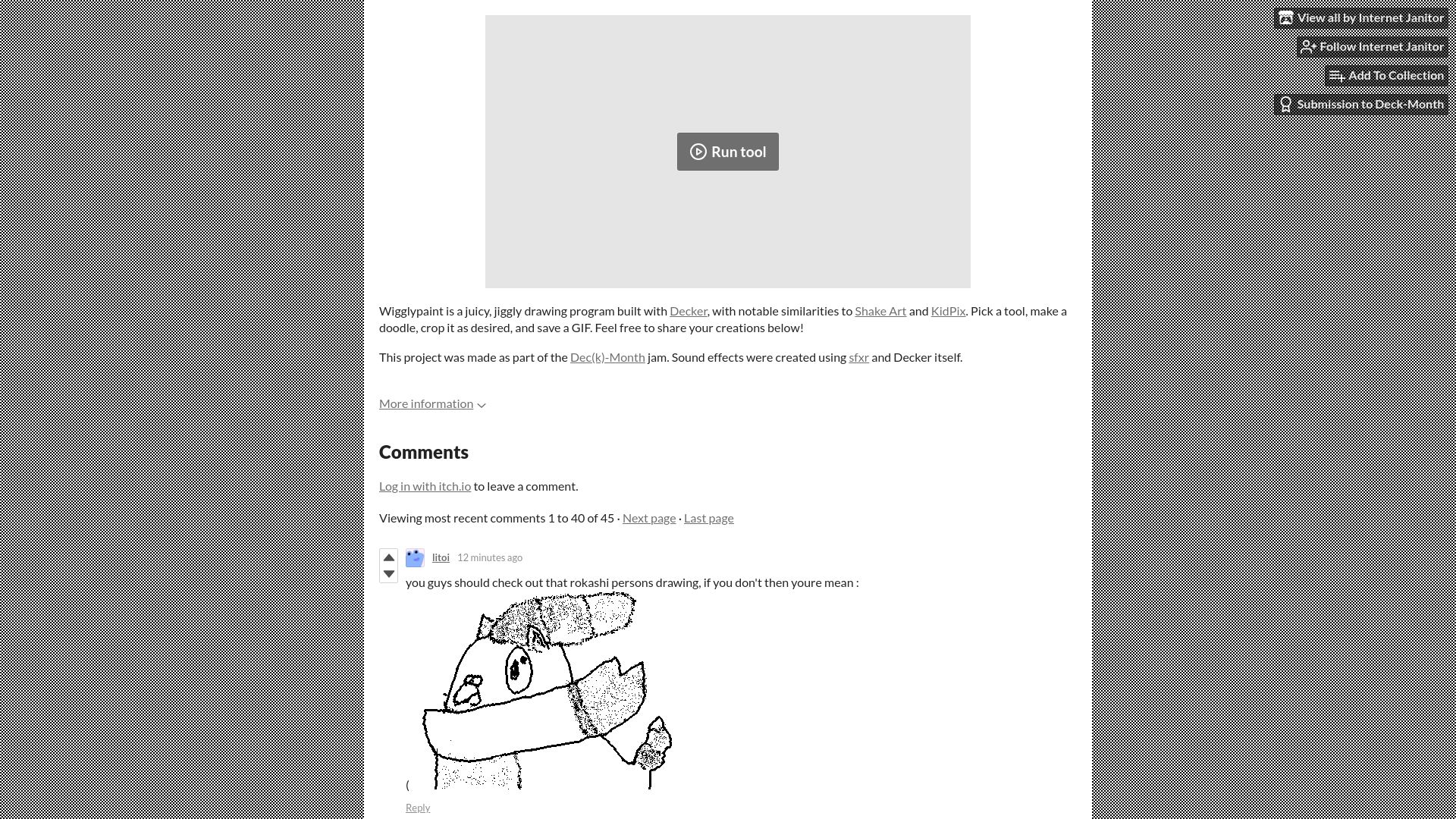 Screenshot of internet-janitor.itch.io: WigglyPaint: A juicy, jiggly drawing program