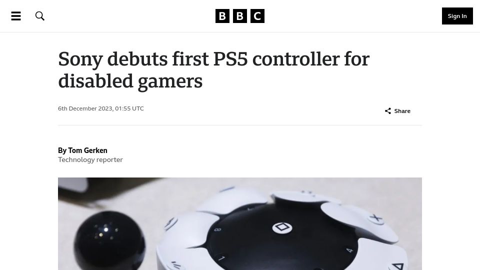 Screenshot of bbc.com: Sony debuts first PS5 controller for disabled gamers