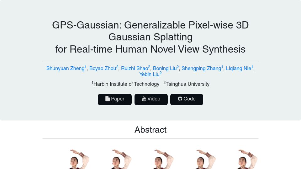 Screenshot of shunyuanzheng.github.io: GPS-Gaussian: Generalizable Pixel-wise 3D Gaussian Splatting for Human Synthesis
