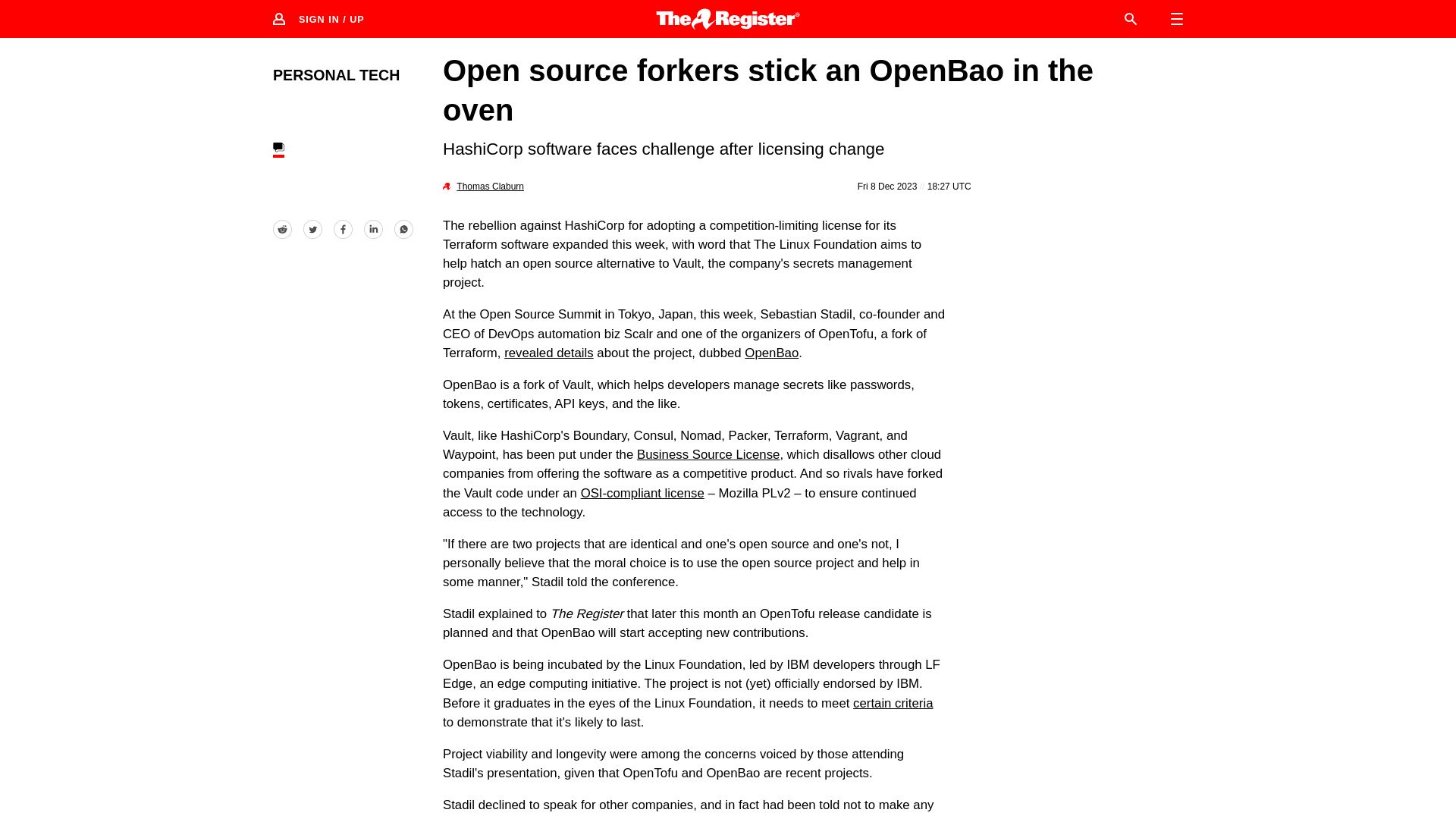 Screenshot of theregister.com: HashiCorp Vault Forked into OpenBao