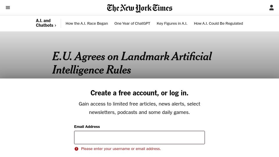 Screenshot of nytimes.com: E.U. Agrees on Artificial Intelligence Rules with Landmark New Law